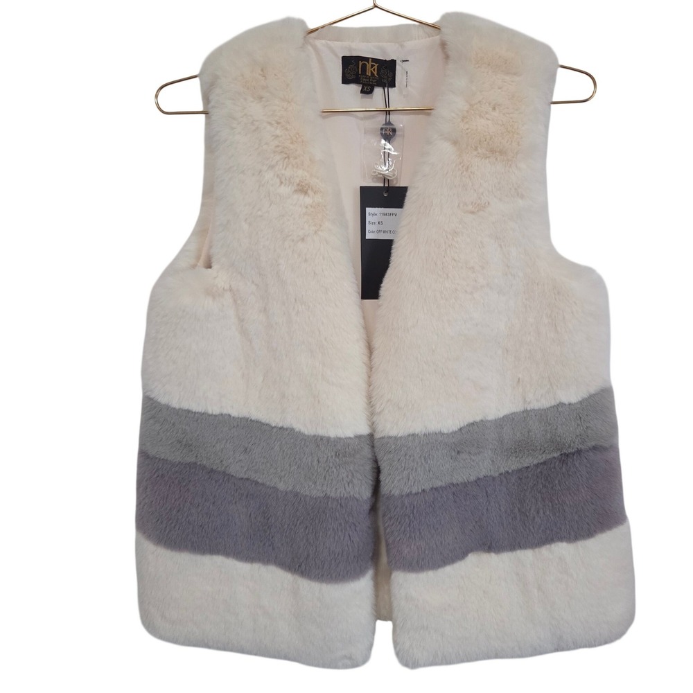 Metric Knits Faux Fur Vest Off White Grey Striped Extra Soft Sz XS New With Tags